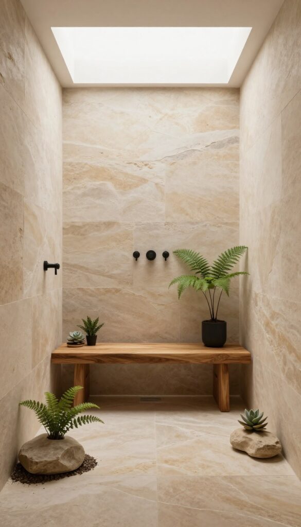 Steam shower with natural stone walls and floor, featuring marble or slate textures, minimalist teak bench, plants, and warm wood accents in bright natural light for a relaxing spa vibe.
