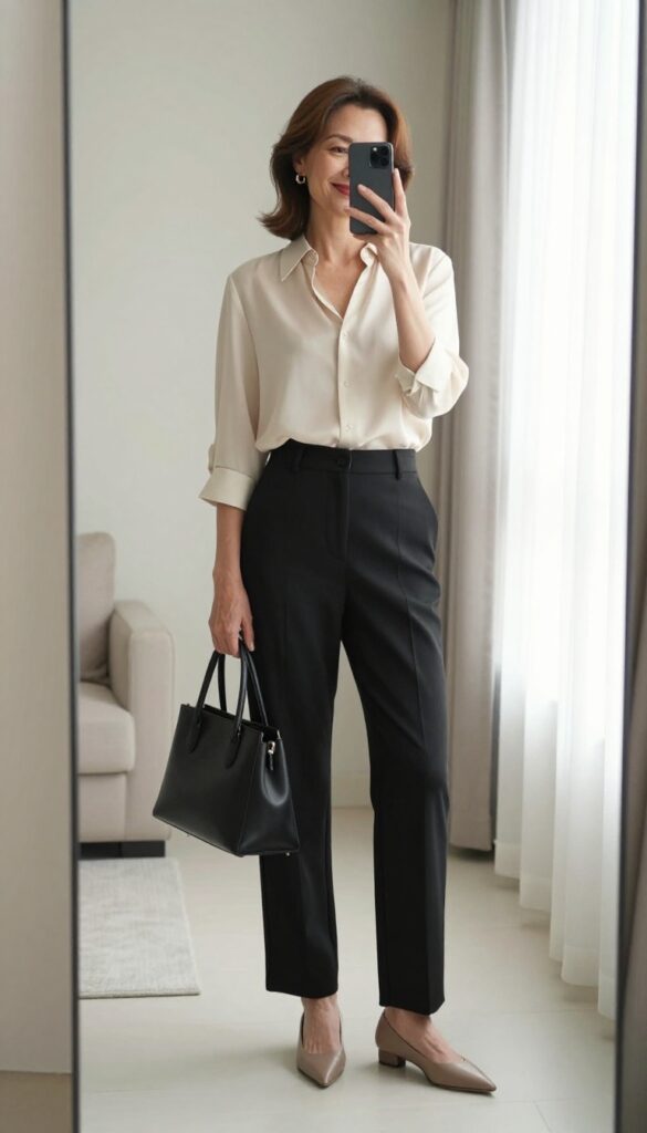 Woman in her 50s taking a mirror selfie wearing an ivory silk blouse and high-waisted tailored black pants, with nude flats and a structured black handbag.