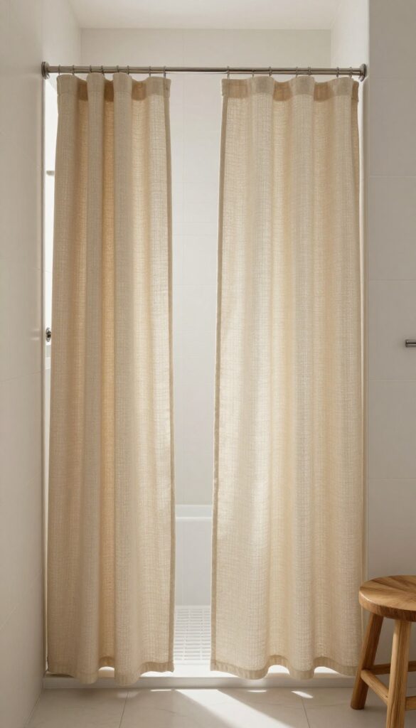 Textured cotton weave curtains in a walk-in shower with subtle patterns and natural light, adding warmth to a modern minimalist bathroom.