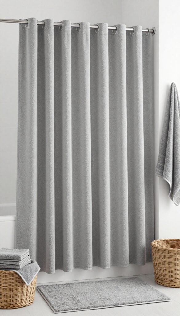 A small bathroom featuring a monochromatic gray shower curtain and accessories, creating a harmonious and spacious look with natural lighting.