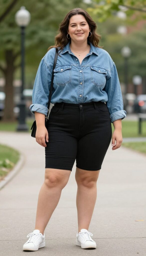 A plus-size woman wearing an oversized denim shirt with biker shorts and sneakers in a park, styled for casual comfort with a 90s fashion vibe.