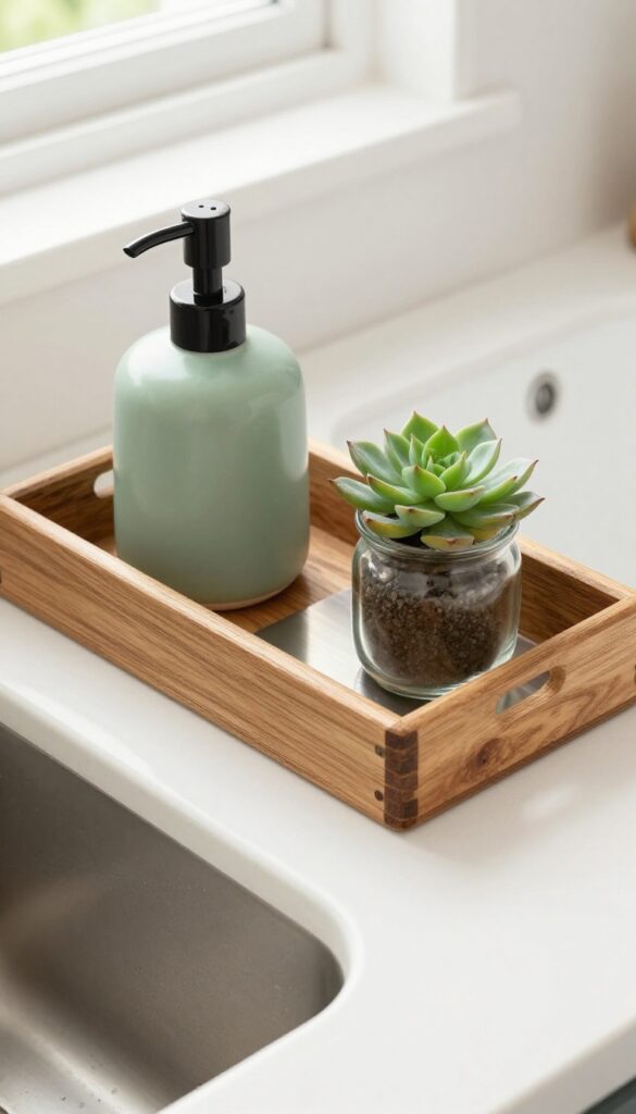 Reclaimed wood caddy with metal insert on kitchen sink countertop, holding sage green soap dispenser and succulent.