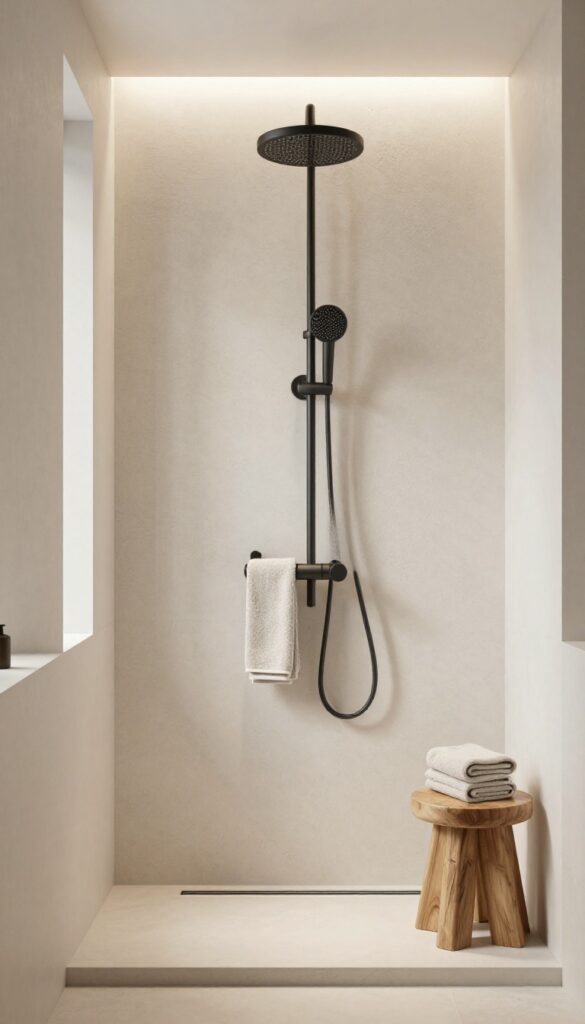 Textured wall panels in a master bathroom shower with natural light highlighting depth and modern design.
