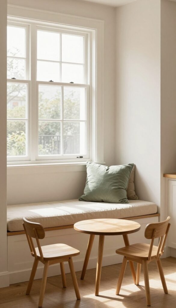 Cozy breakfast nook with cushioned built-in bench and small table in bright kitchen corner