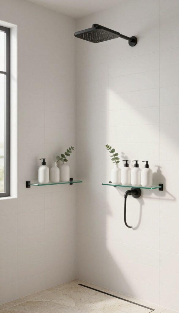 Clear glass shelves with black brackets in a black and white shower