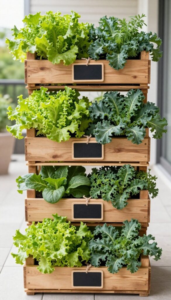 Stacked recycled wooden crates filled with greens and herbs on a sunny patio