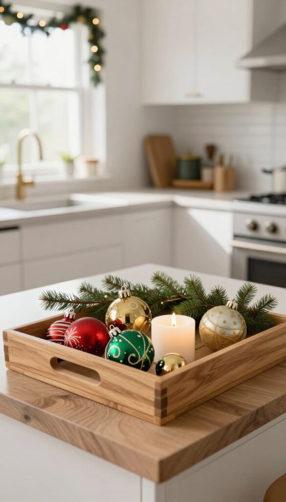 Thrifted tray with vintage ornaments on kitchen island