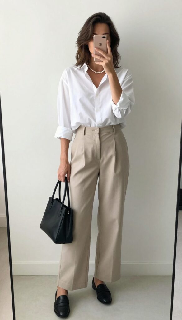 Woman in oversized white button-down shirt and relaxed beige trousers with pearl necklace, taking a mirror selfie in bright natural light.