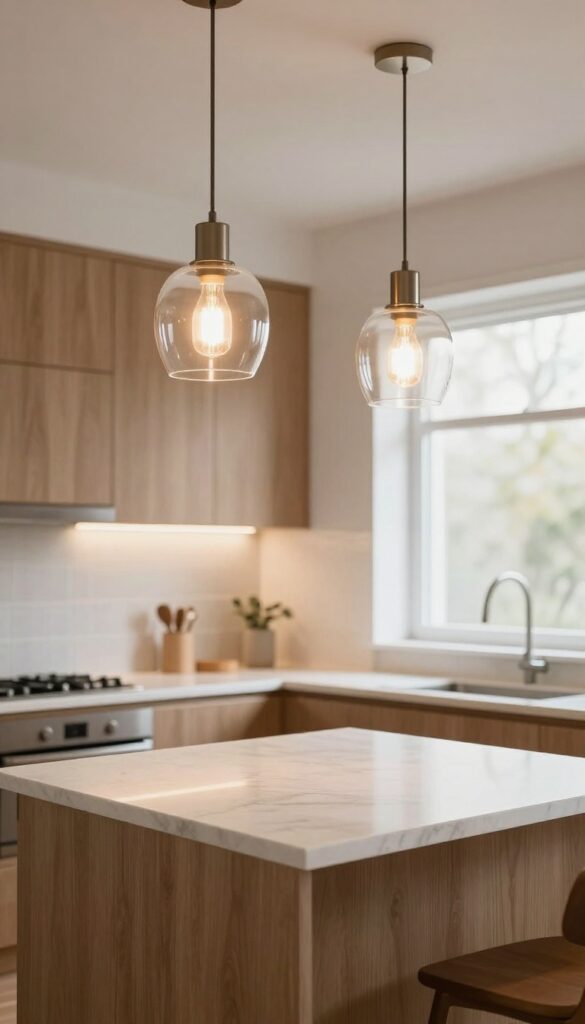 Cozy kitchen with layered pendant lights over island and under-cabinet LED strips