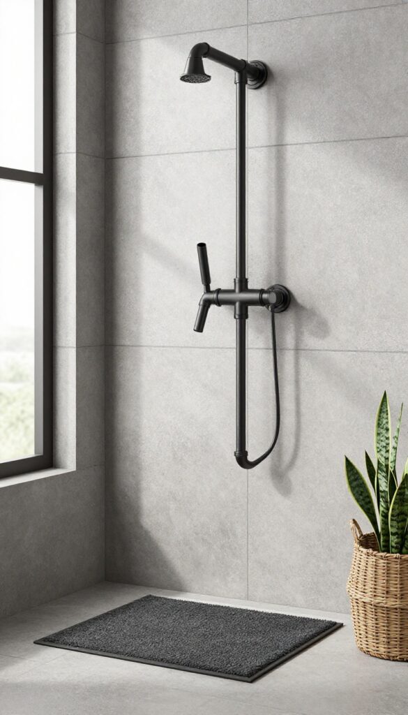 Industrial pipe charm shower faucet in a small bathroom with concrete tiles and natural light