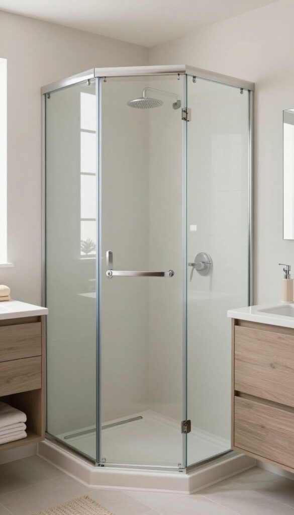 Corner shower enclosure in a small bathroom with clear glass panels, bright natural lighting, and clean modern decor to maximize space.