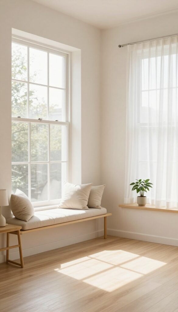 Cozy reading nook under a window in a bedroom with two windows