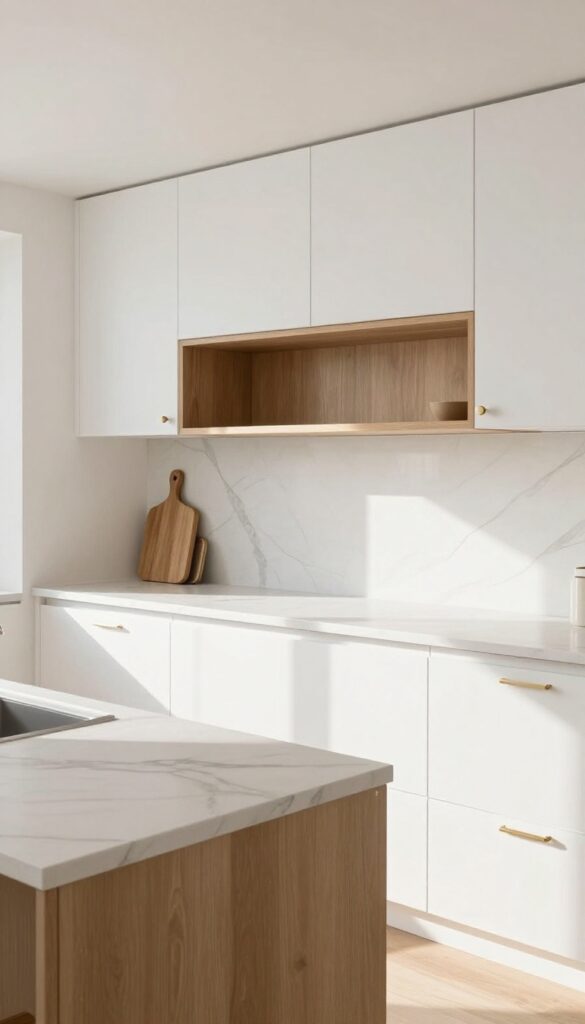 Faux marble countertops in a bright kitchen with white cabinets and wood accents