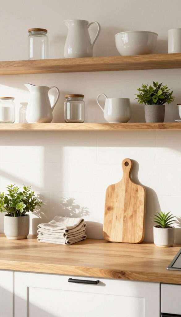 Warm open shelving in a kitchen with curated ceramic dishes and plants