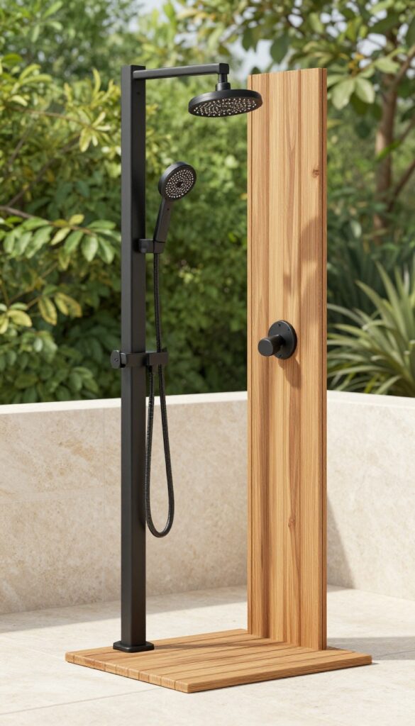 Freestanding outdoor shower post with foot rinse nozzle on teak mat in a lush garden setting