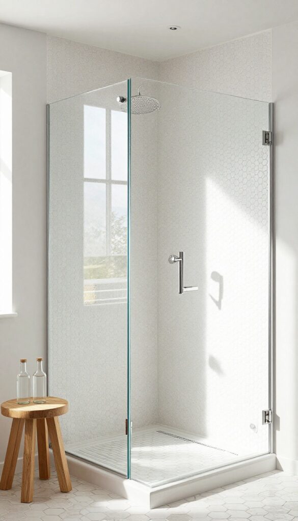 White hexagon tile shower with built-in bench, glass door, wooden stool, and clear bottles