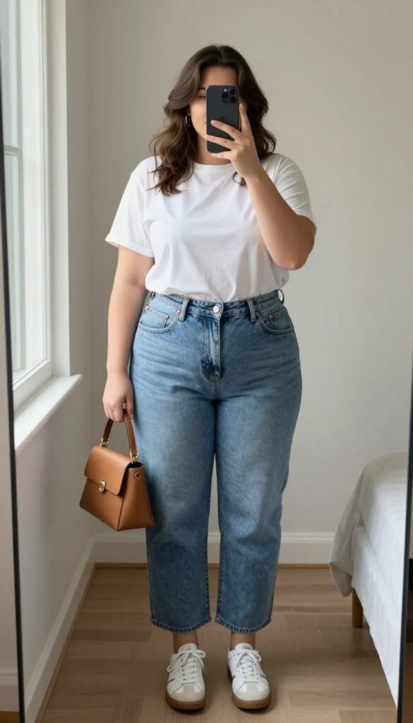 Plus-size woman in high-waisted denim shorts and relaxed white tee, taking a mirror selfie with phone partially covering her face. Casual outfit with sneakers and crossbody bag.