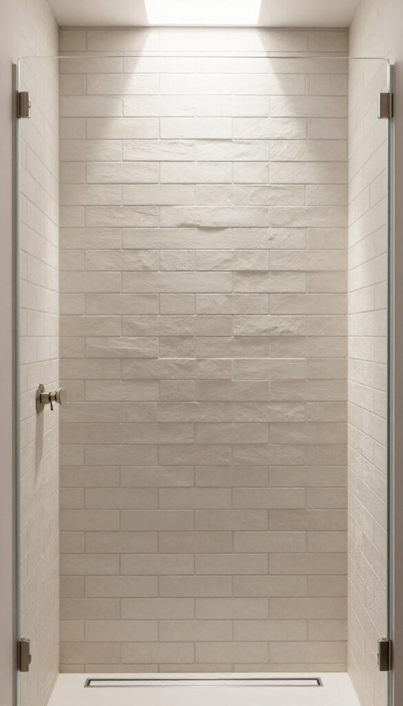 Vertical brick bond shower tile with contrasting dark grout, bright natural light, minimalist fixtures.