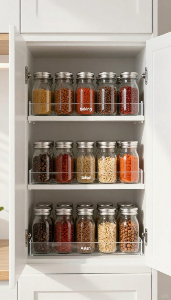 Open kitchen cabinet with stackable clear acrylic spice trays inside, each holding rows of labeled spice jars.