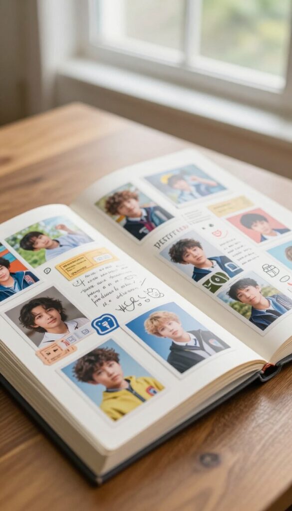 Open scrapbook with photos and mementos on a wooden table
