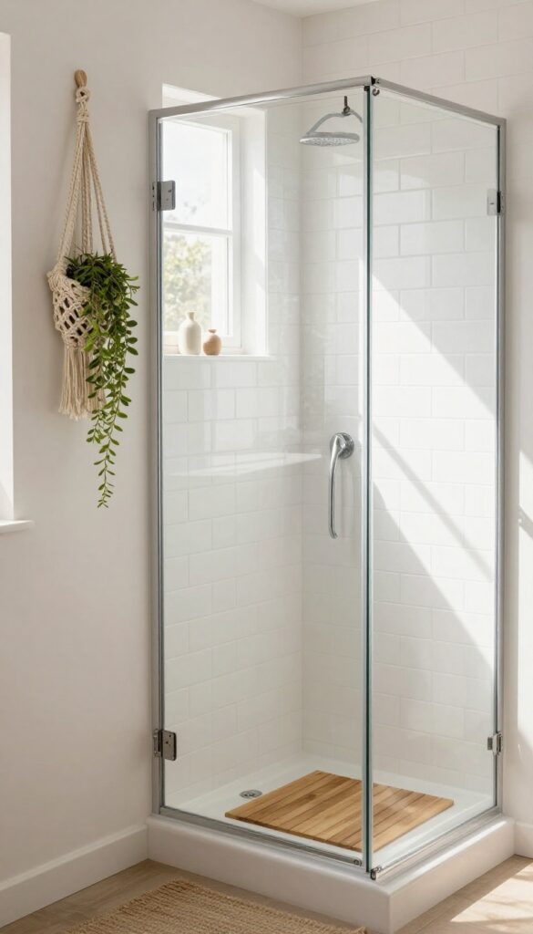A cozy bathroom shower with a small window and a macrame plant hanger above it, adding boho charm.