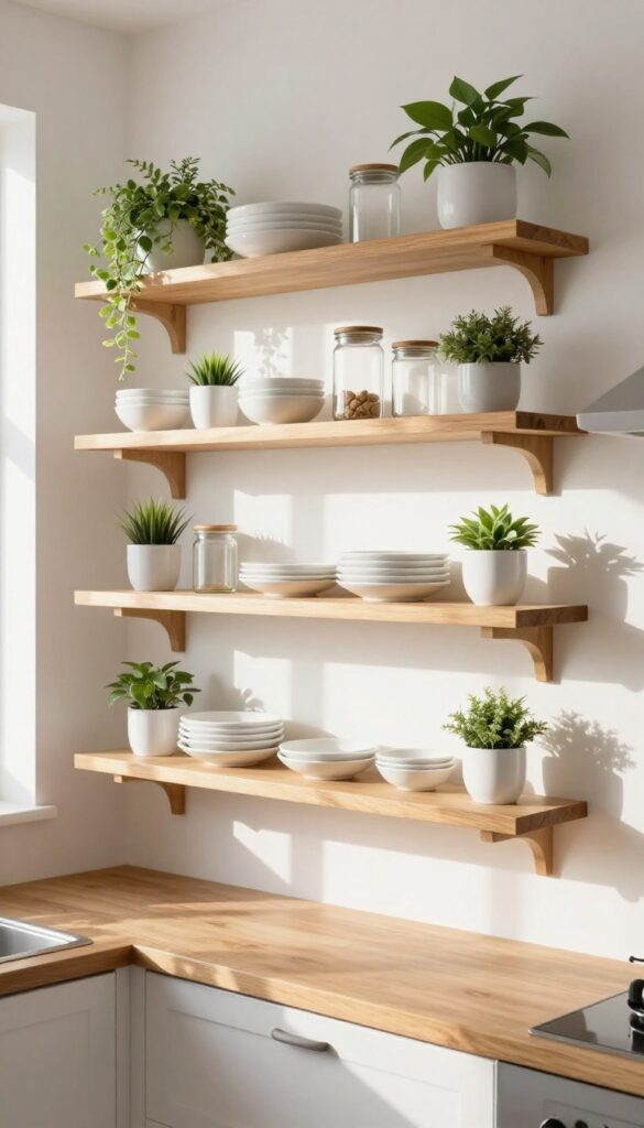 Open shelving in a cozy kitchen with styled essentials like dishes, jars, and plants.