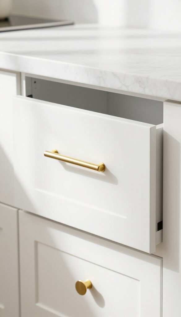 White shaker cabinets with brass hardware, long bar pull on drawer and round knob on upper cabinet, modern kitchen detail.