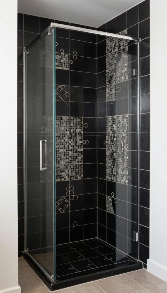 A modern shower with mixed black tile sizes in various shapes and patterns for a custom layered aesthetic.