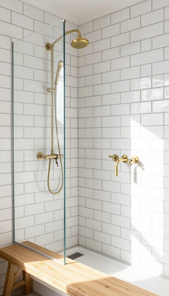 White vertical subway tile shower with black grout and brushed brass fixtures
