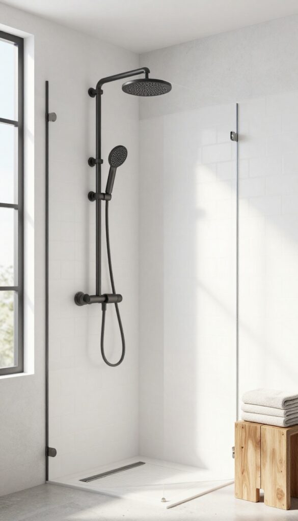 A basement shower featuring exposed black industrial pipes with clean tiles and concrete walls, showcasing an intentional modern design with natural lighting
