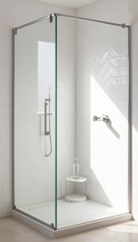 White chevron tile shower with marble corner caddy