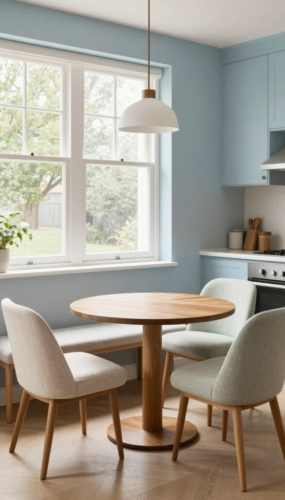 Round pedestal table in a cozy kitchen nook by a window with chairs and bench