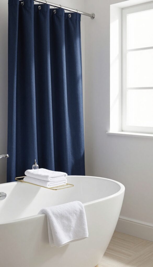 Bright bathroom with dark navy shower curtain, white tub, and natural light
