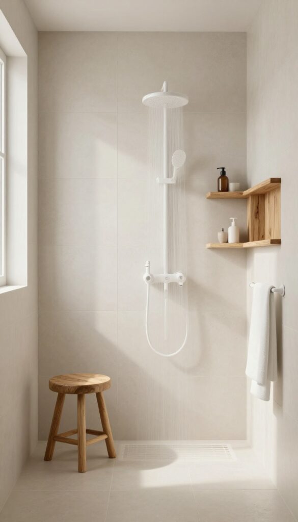 A modern bathroom with natural wood accents including a teak stool in the shower and wood shelves, adding warmth to neutral tiles under bright natural light.