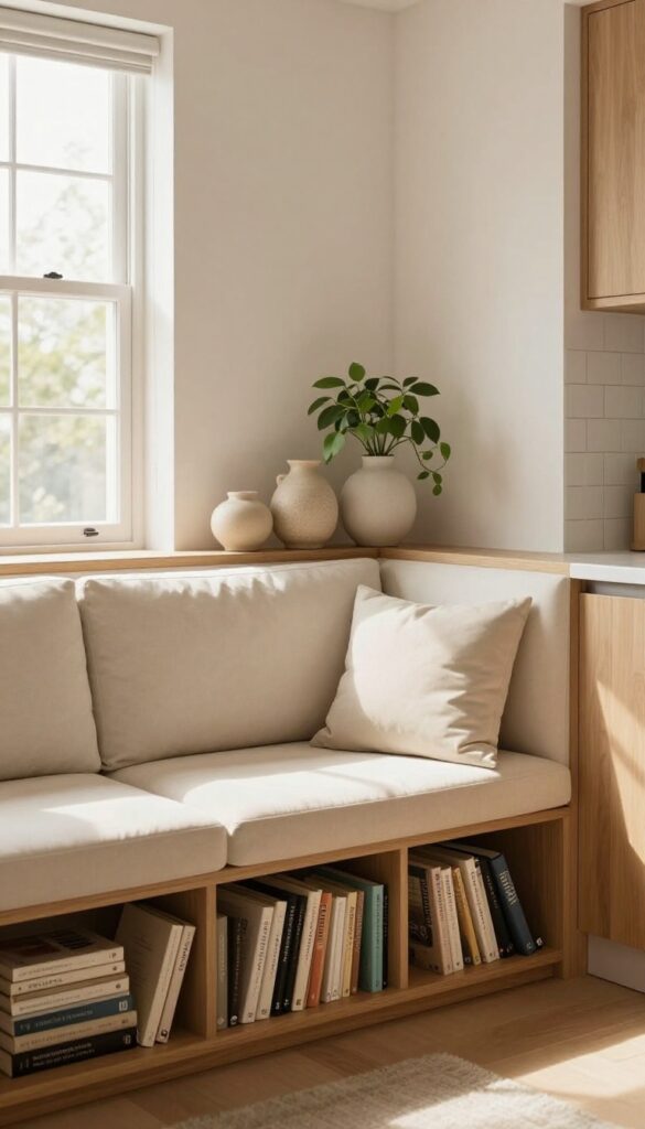 Kitchen banquette with a bookshelf backrest filled with cookbooks and decor, creating a cozy reading nook.