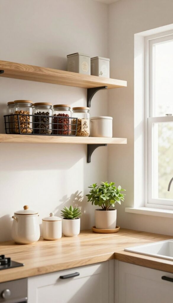 Under-shelf wire basket holding spices and tea bags below a floating shelf in a bright, cozy kitchen