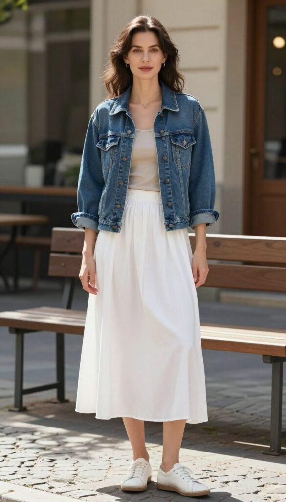 A woman wearing a long white skirt with a denim jacket and tank top for a casual summer outfit, styled with sneakers and a tote bag in a bright outdoor setting.