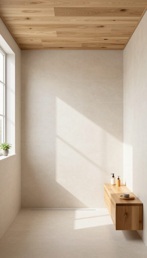 Beige tile shower with warm wood-look porcelain ceiling and teak bench