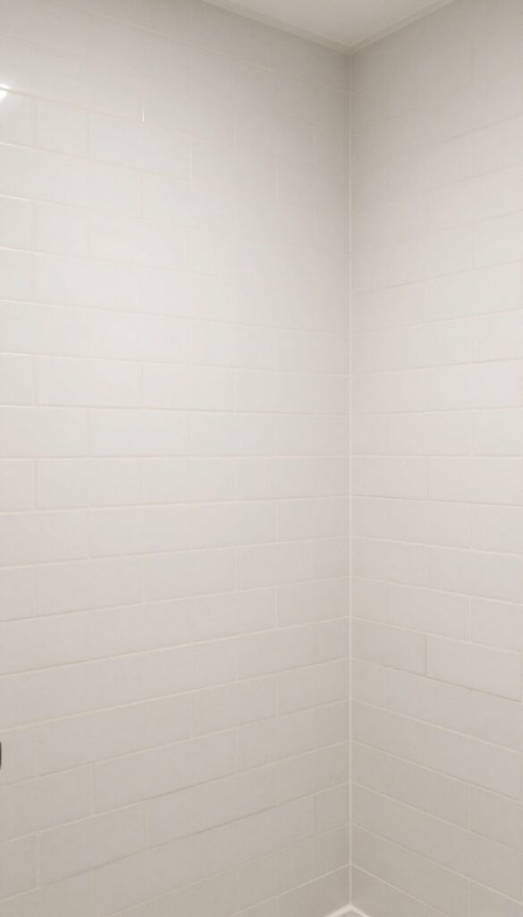 Close-up view of a knee wall shower with contrasting grout highlighting subway tiles in a bright, clean bathroom setting.