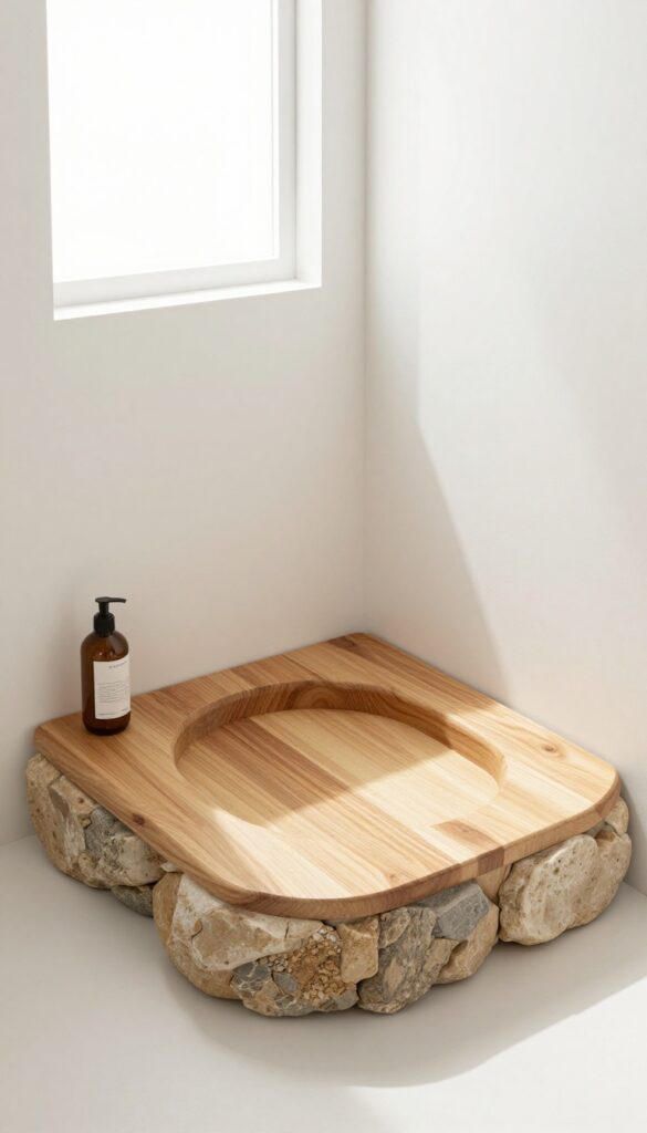 River rock shower seat with wood top in small bathroom