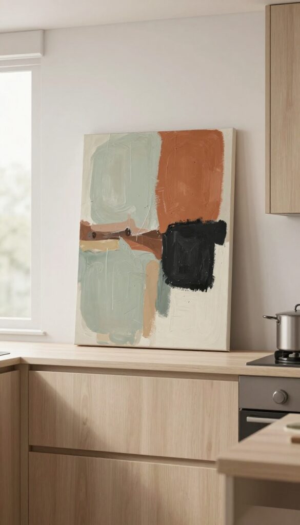 Small DIY abstract painting in sage, terracotta, and black leaning on a kitchen counter with natural light and neutral cabinets.
