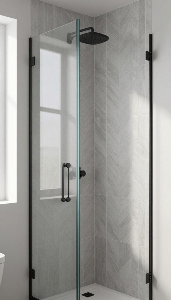 Small shower with vertical herringbone tile pattern, frameless glass, and matte black fixtures