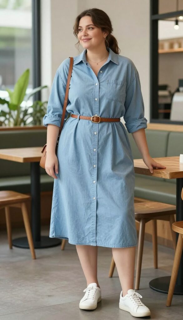 Curvy woman wearing a light blue shirt dress with a tan belt, white sneakers, and crossbody bag, standing in a bright café.