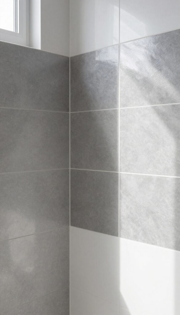 Close-up view of metallic accent tiles in a shower, reflecting light to add sparkle and elegance in a modern bathroom setting.