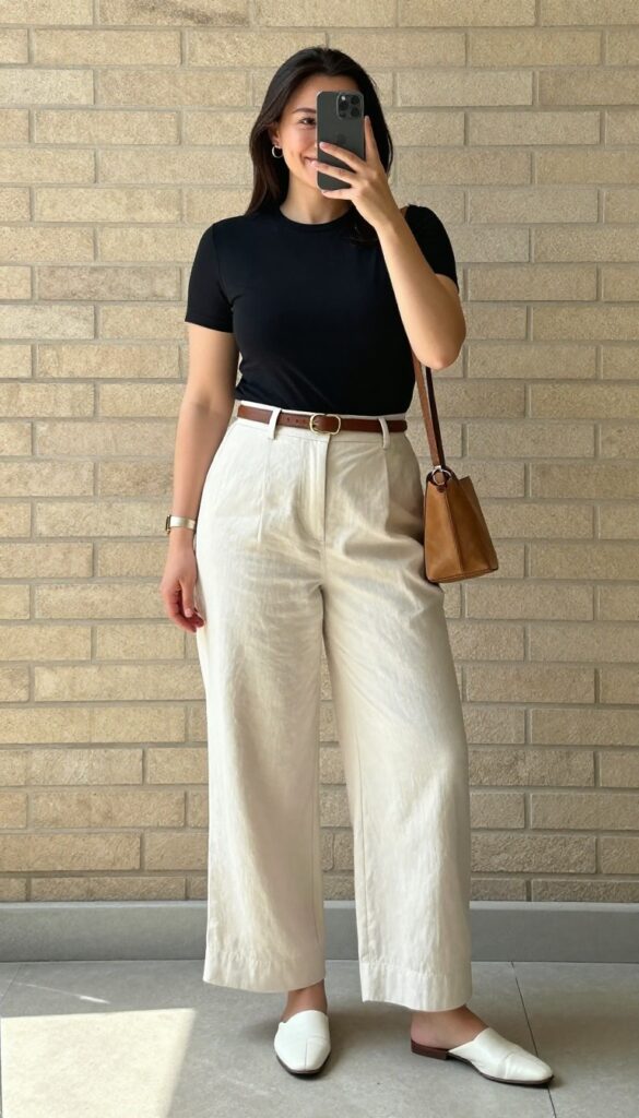 Midsize mom wearing cream wide-leg linen pants, fitted black tee, brown belt, white mules, and tan crossbody bag, standing on a sunny sidewalk.