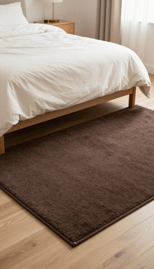 Dark brown area rug in a cozy bedroom, grounding the space with natural light and clean design.