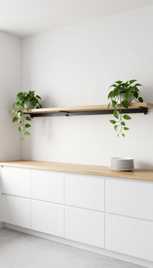 Modern kitchen with a single long shelf above upper cabinets and hooks underneath, holding a plant and plates.