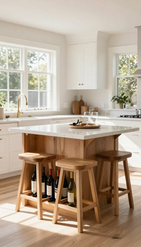 Kitchen island with built-in wine rack and backless stools tucked underneath, bright natural light, modern farmhouse style