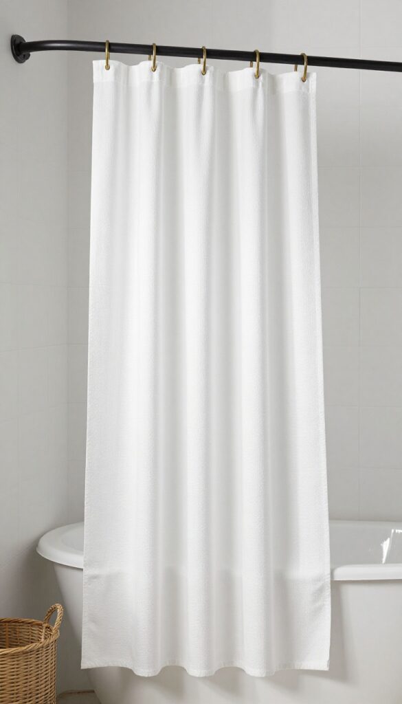 White textured ribbed shower curtain in a bright minimalist bathroom with matte black hardware and natural light
