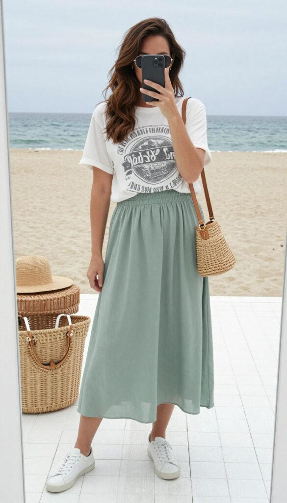 A woman in a flowy sage green midi skirt and white graphic tee, with sneakers and a crossbody bag, taking a mirror selfie on a sunny deck with ocean view.